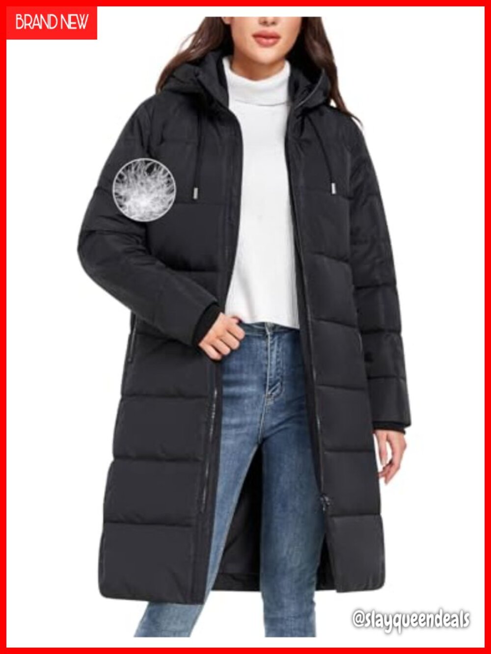 Long Down Puffer Coat with Drawstring Hood - Duck Down & Feathers Filling,
